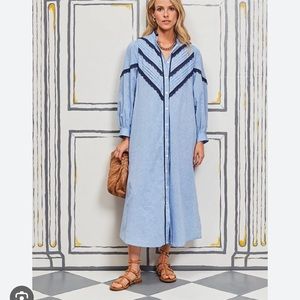 Pomander Place Tuckernuck Jolene Chambray Midi Dress Button Front Lace Linen